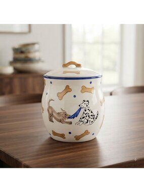 Vintage Ceramic Dog Treat Jar Dalmatian Bones Polka Dot Inspirado Canister 9.5"